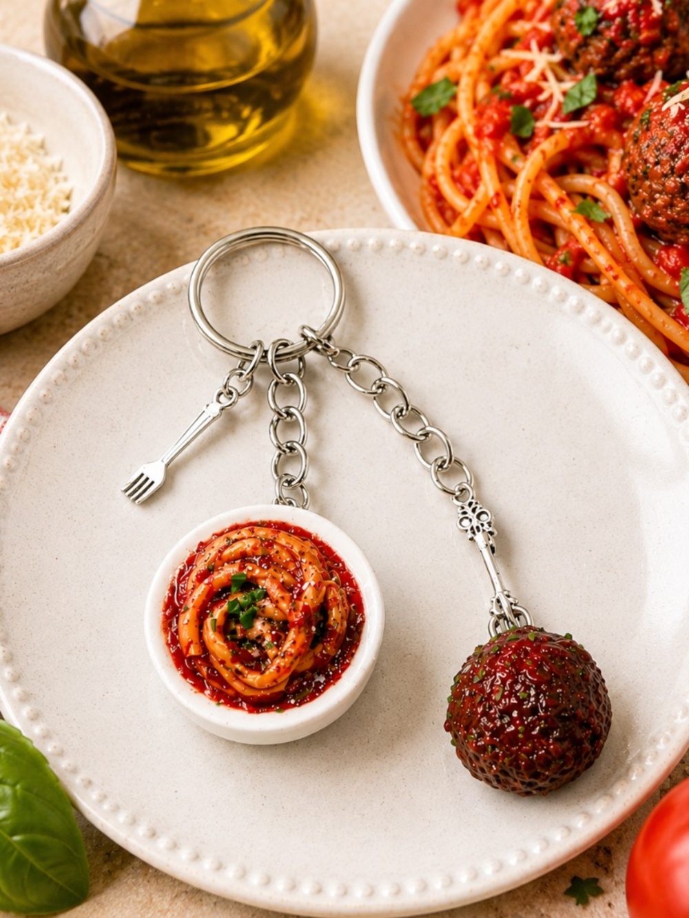 Pasta Partner Spaghetti & Meatball Keychain or Bag Clip Set | Handmade 2 Piece